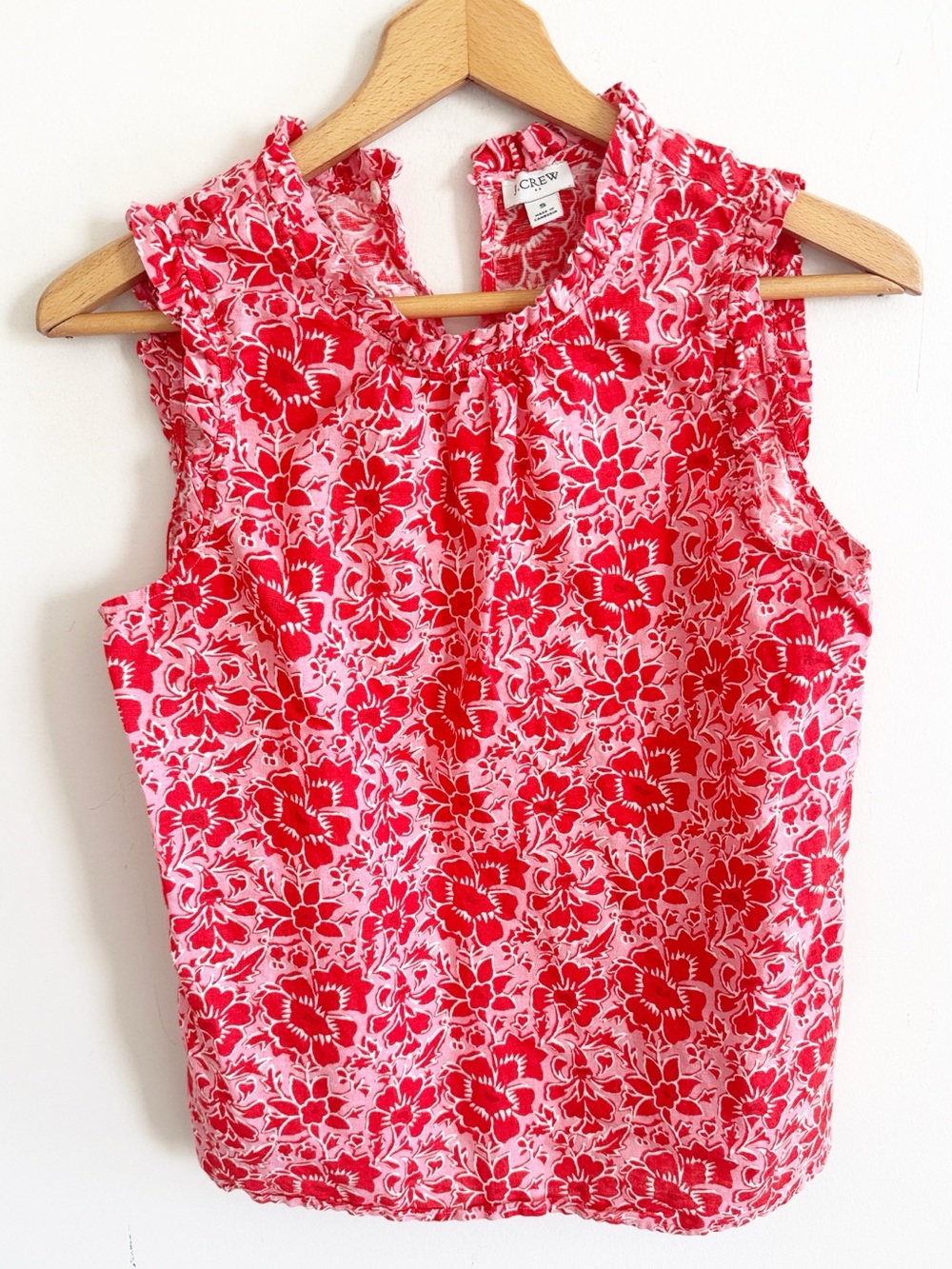 J.crew red pink floral linen cotton ruffle neck sleeveless top size small